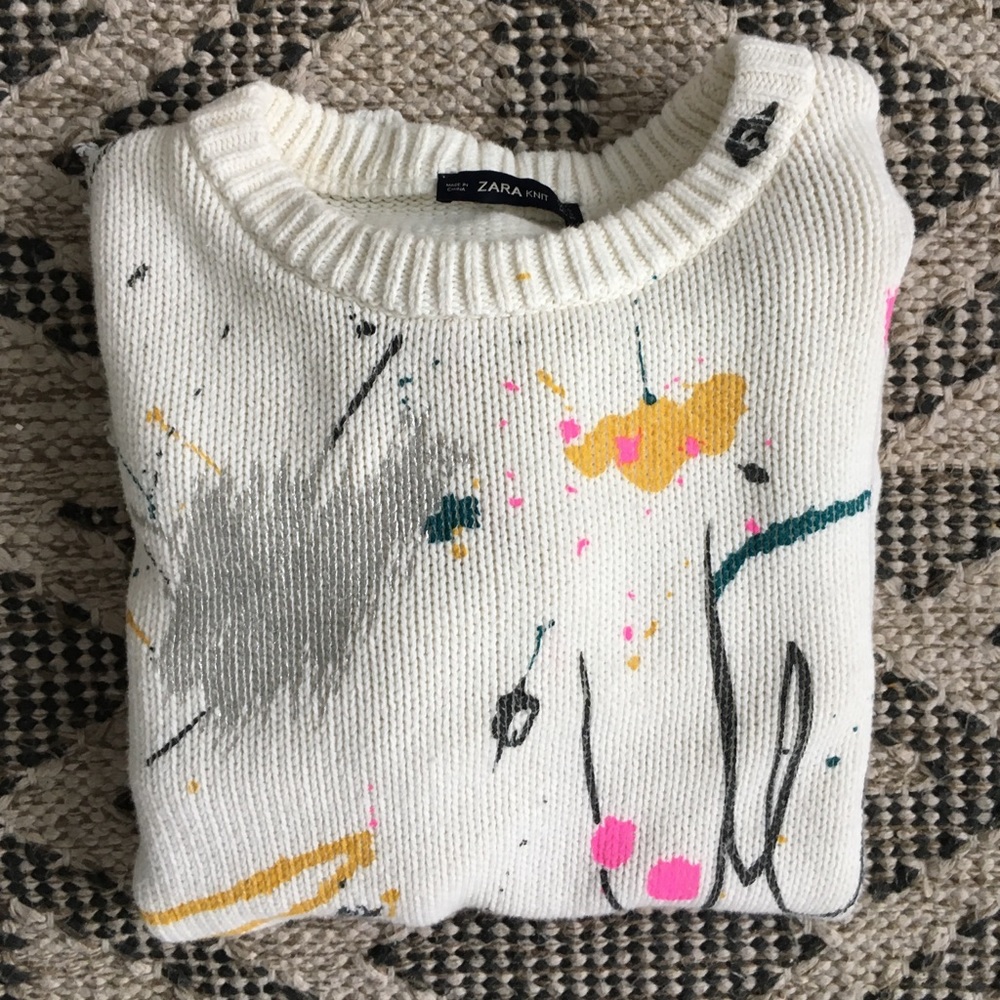 Zara White Distressed Paint Splatter Sweater